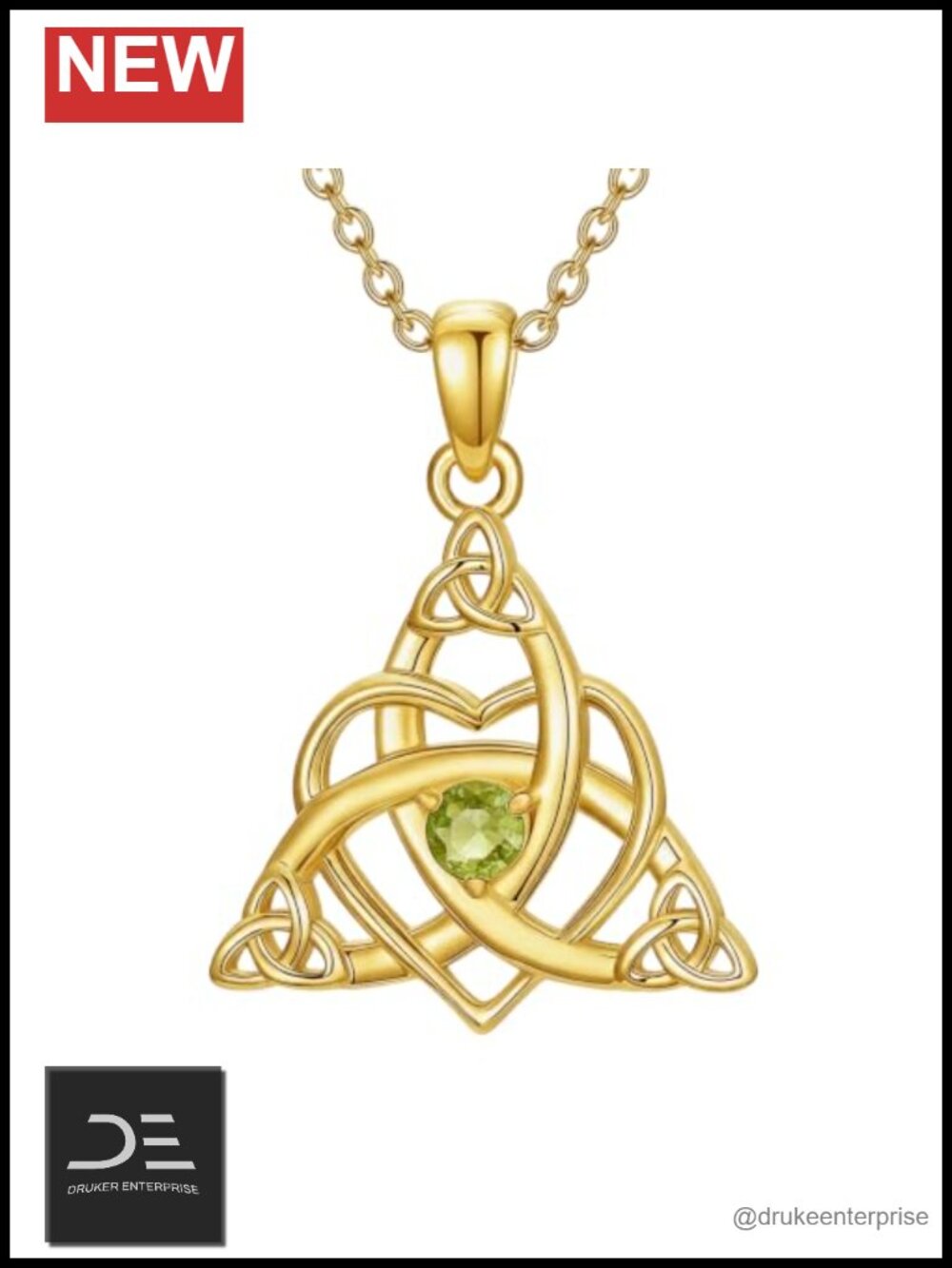 14K Gold Celtic Trinity Knot Pendant Necklace with Peridot Birthstone Irish